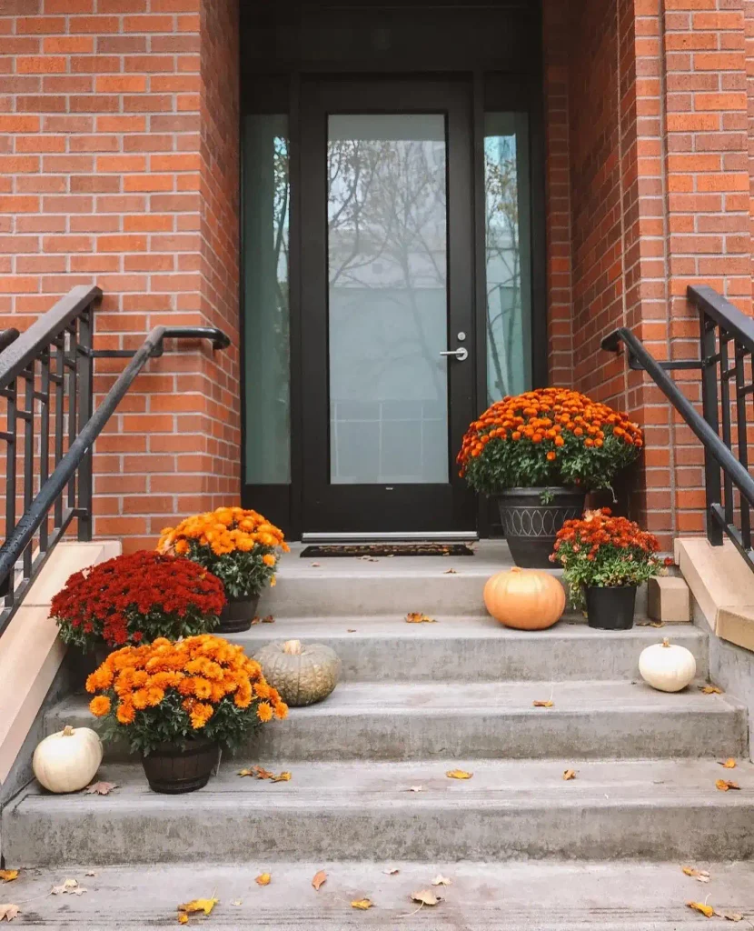 The color runs deep red at the bottom through bright orange to rust nearer the door, with pale pumpkins dropped in to break up the intensity.