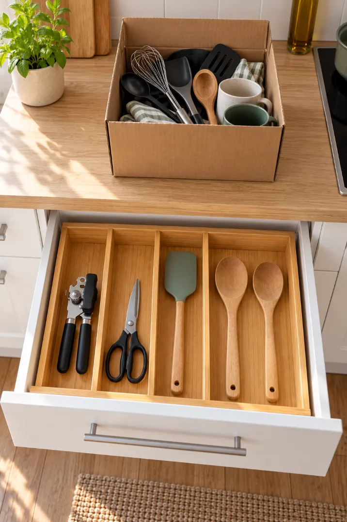 Kitchen drawer organizer with one can opener, scissors, a spatula and two wooden spoons, with a donation box of extras on the counter