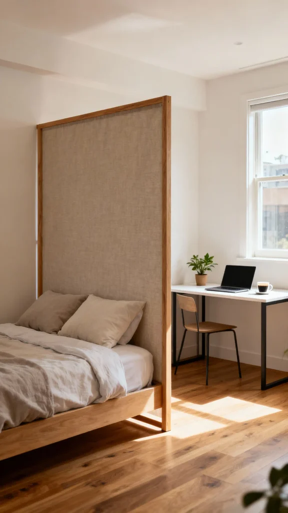 Swap Your Headboard for a Tall Fabric Panel That Hides the Desk