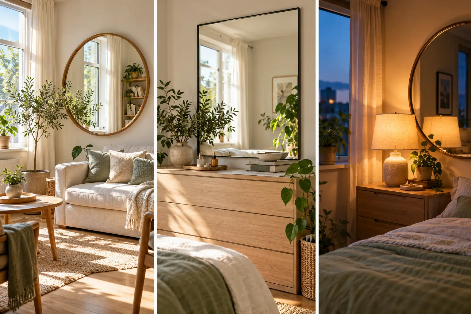 Three small rooms showing where to hang a mirror to bounce light