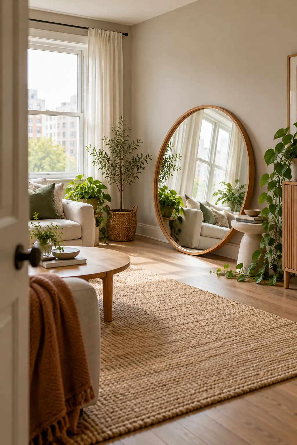 Round wood-framed mirror leaning against a greige wall beside a bright window in a small living room