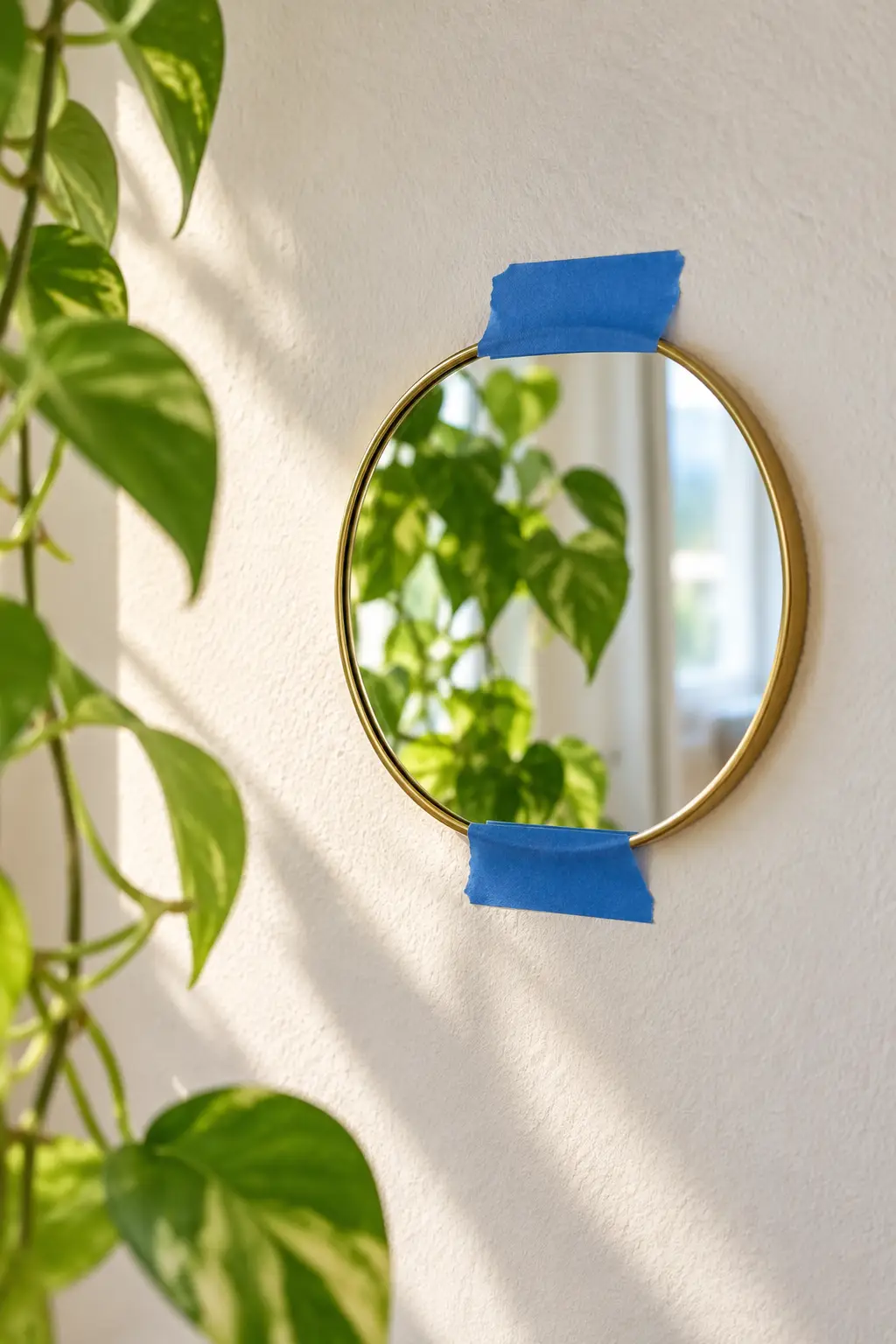 Small round brass hand mirror taped to a white wall with blue painter's tape beside a pothos plant