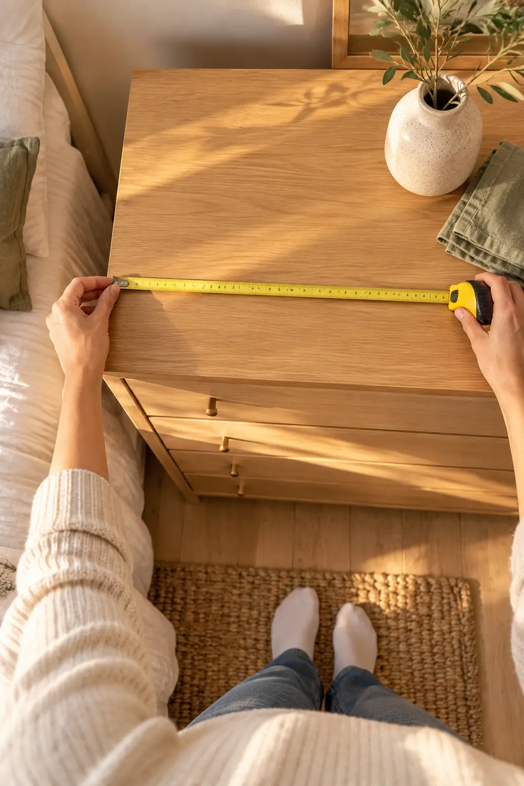 Hands stretching a yellow tape measure across the top of a light wood dresser