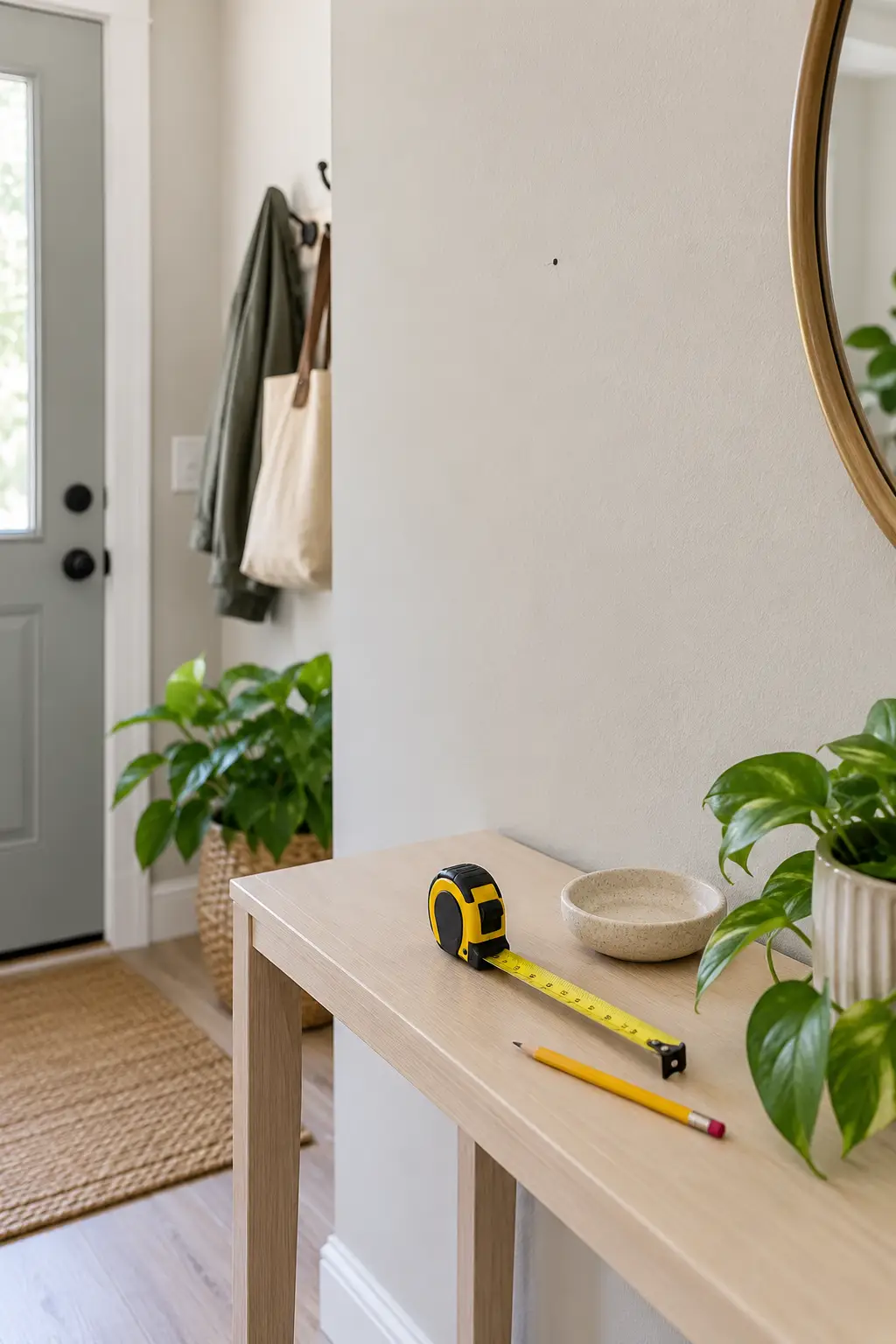 Tape measure and pencil on a console table beside a wall marked with a pencil dot