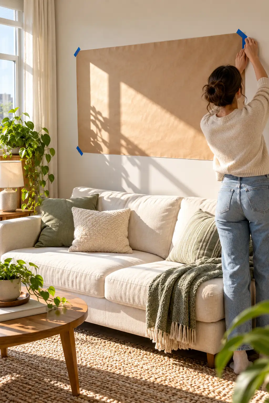 Woman taping a kraft paper template to the wall above a cream sofa