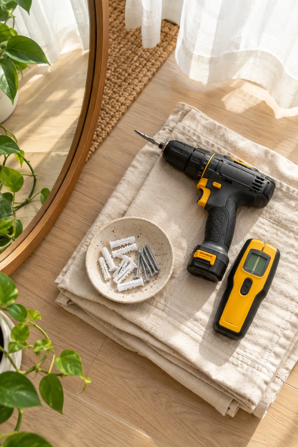 Cordless drill, stud finder and drywall anchors on a folded drop cloth