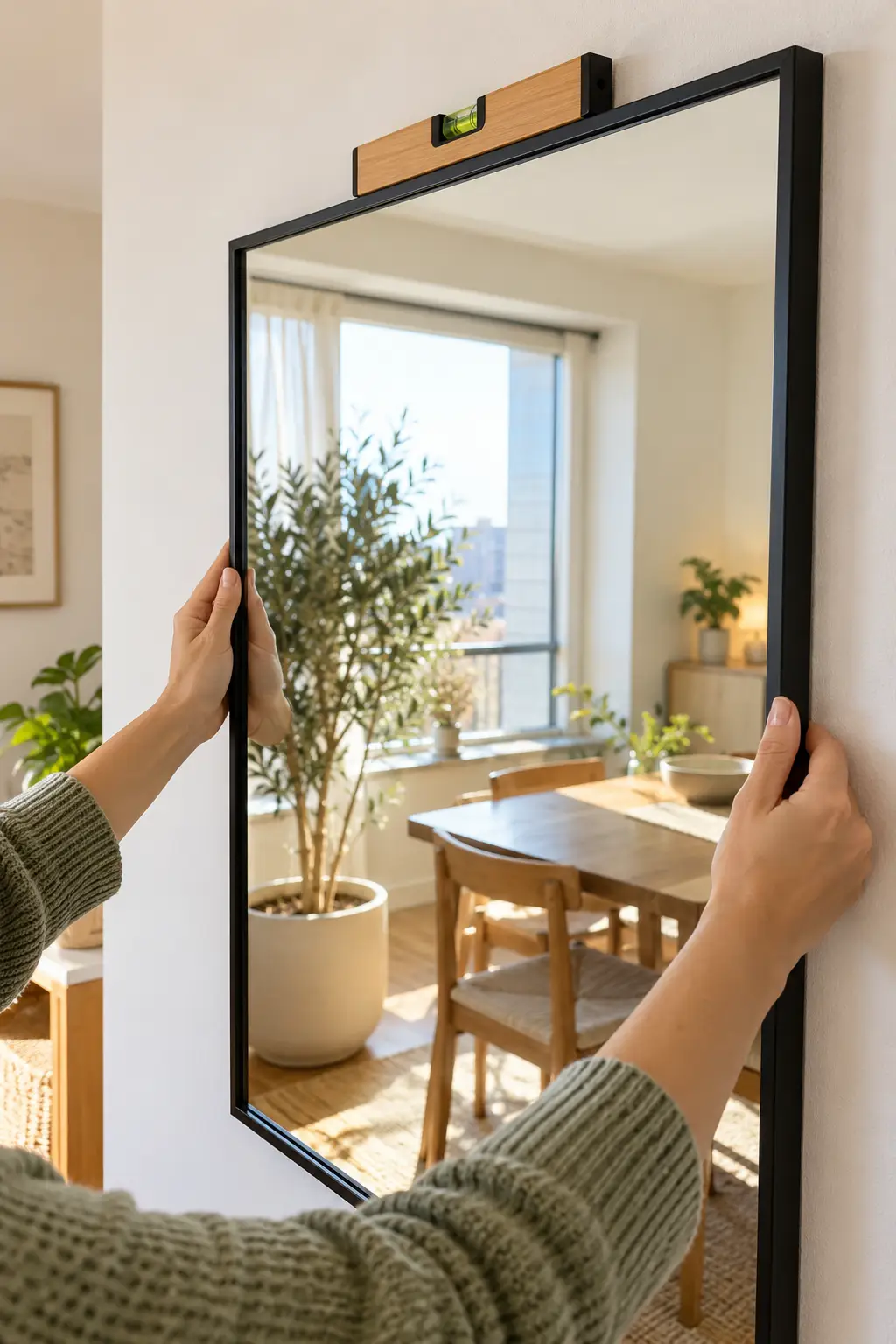 Hands straightening a black-framed mirror with a level resting on top