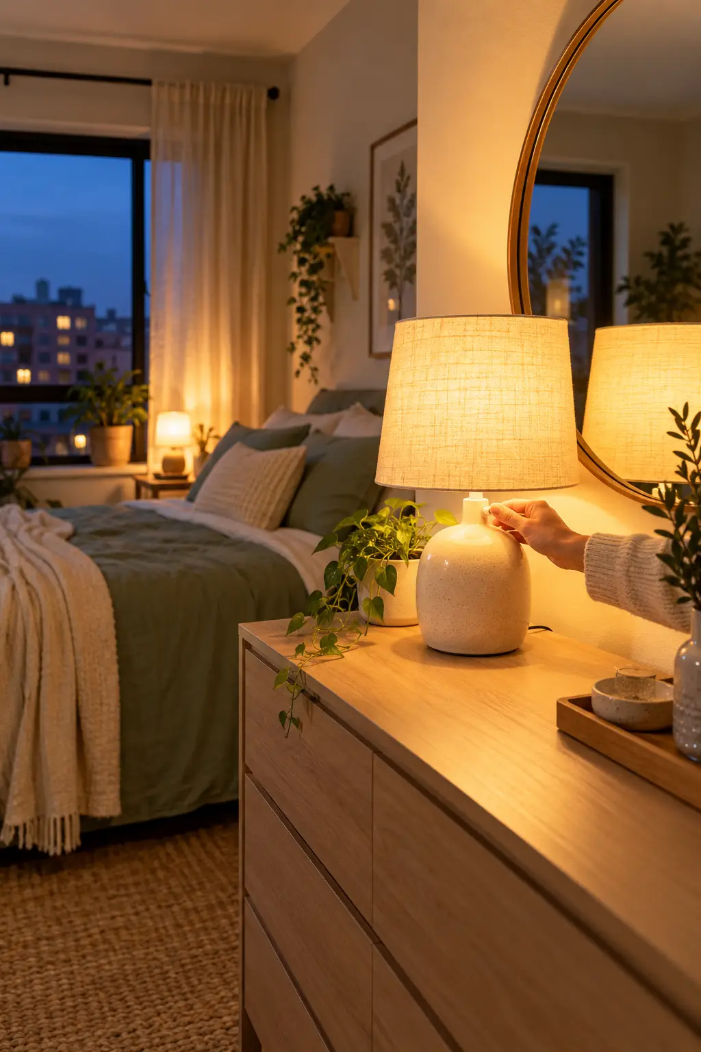 Table lamp glowing beside a round mirror in a cozy bedroom at dusk
