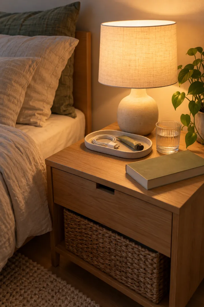 Bedside table with a ceramic tray holding a phone charger and hand cream next to a lamp and a glass of water