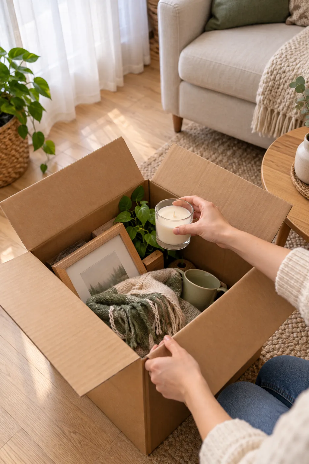 Hand lifting a glass candle out of a cardboard box of mixed household items on a living room floor