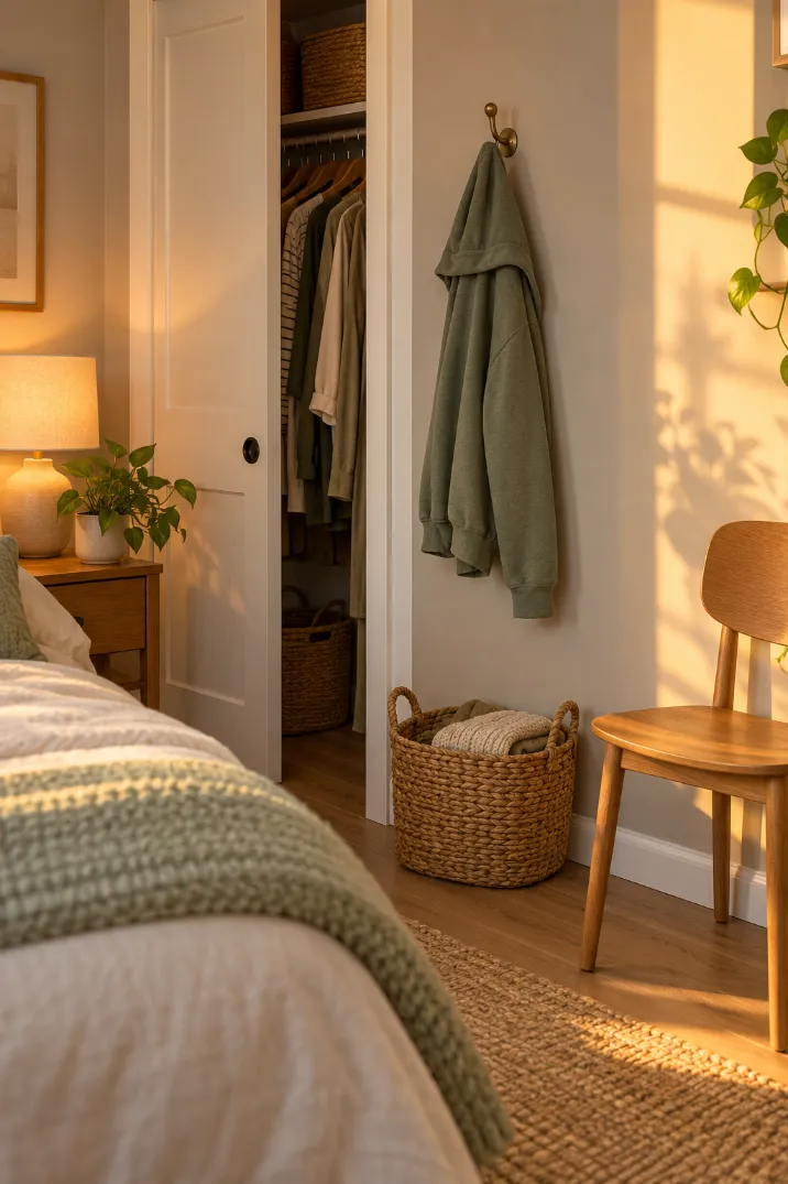 Sage green hoodie on a brass wall hook beside a closet door with a woven basket below and an empty chair