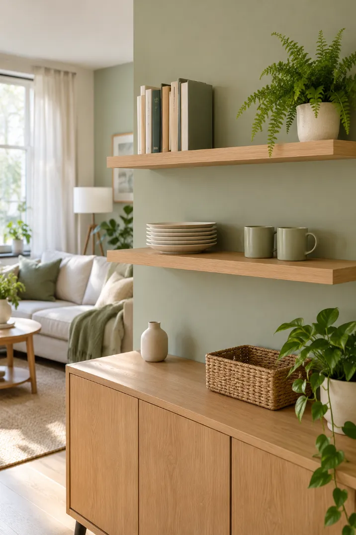 Two open wall shelves on a sage wall, one with books and a fern and one with plates and mugs