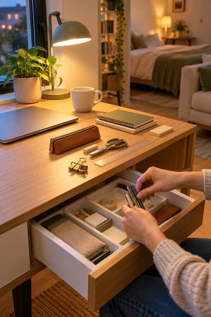 Hands placing pens into a tray inside one open desk drawer in a tidy studio apartment
