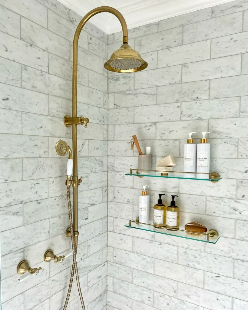 Mount Slim Glass Shelves Inside the Shower, With a Rail on the Front