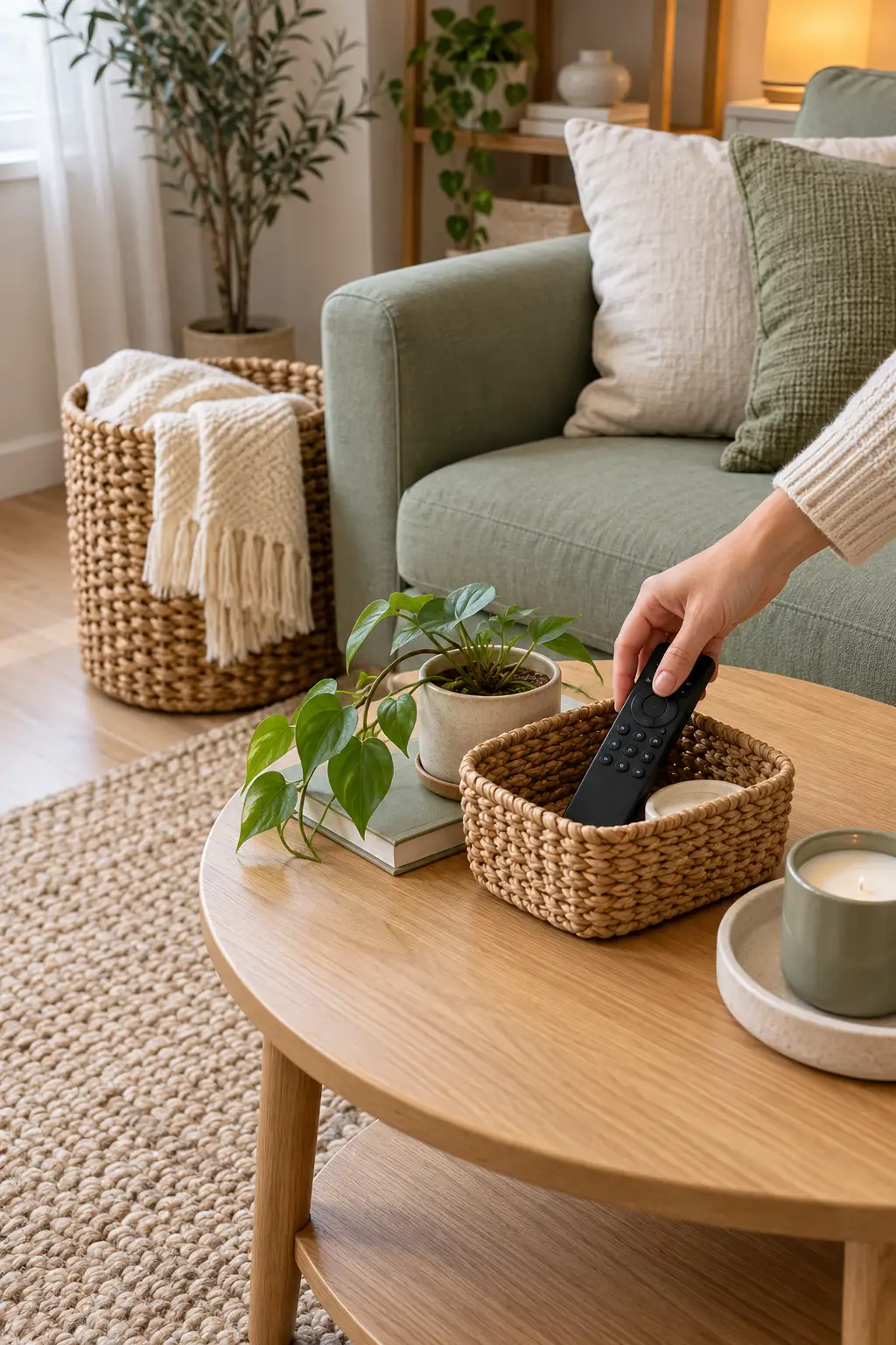 Hand placing a TV remote into a small woven basket on a round coffee table beside a sage sofa