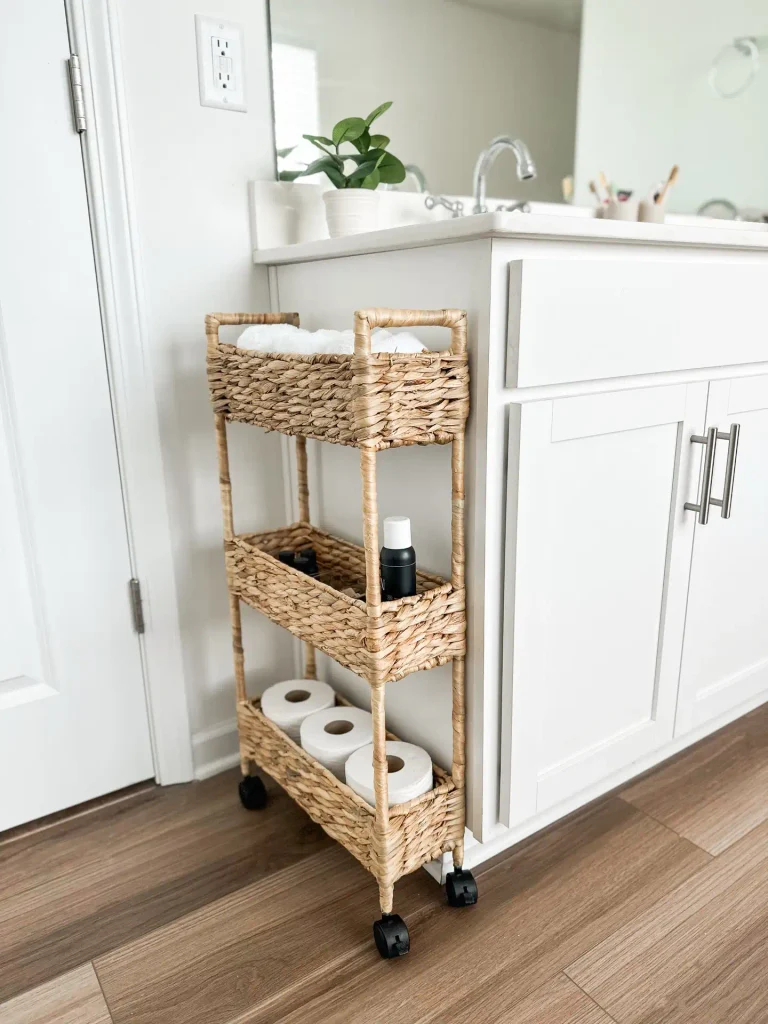 a Skinny Woven Cart Into the Gap Beside the Vanity