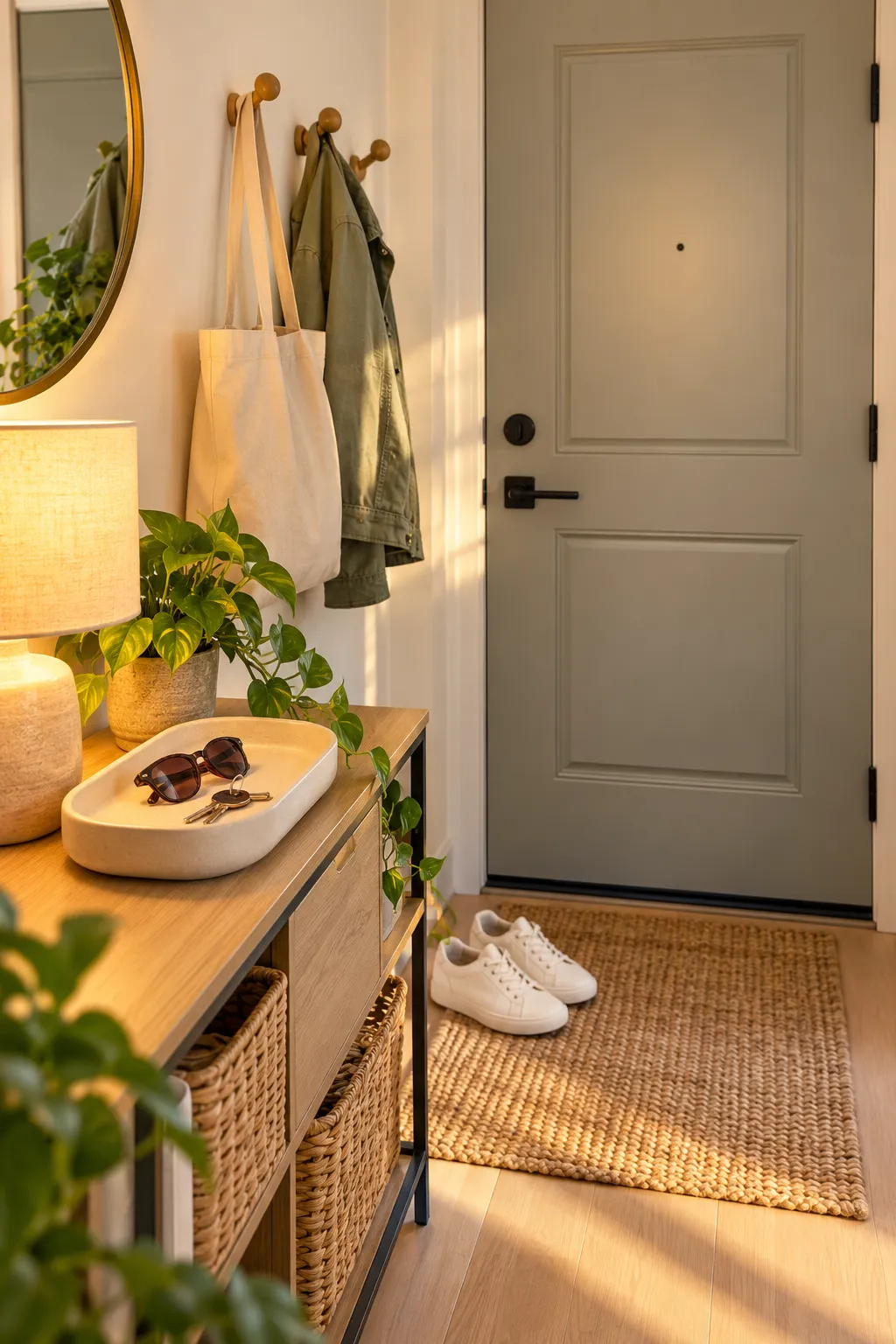 Small apartment entryway drop zone with key tray, tote and jacket on wall hooks, and sneakers on a jute mat