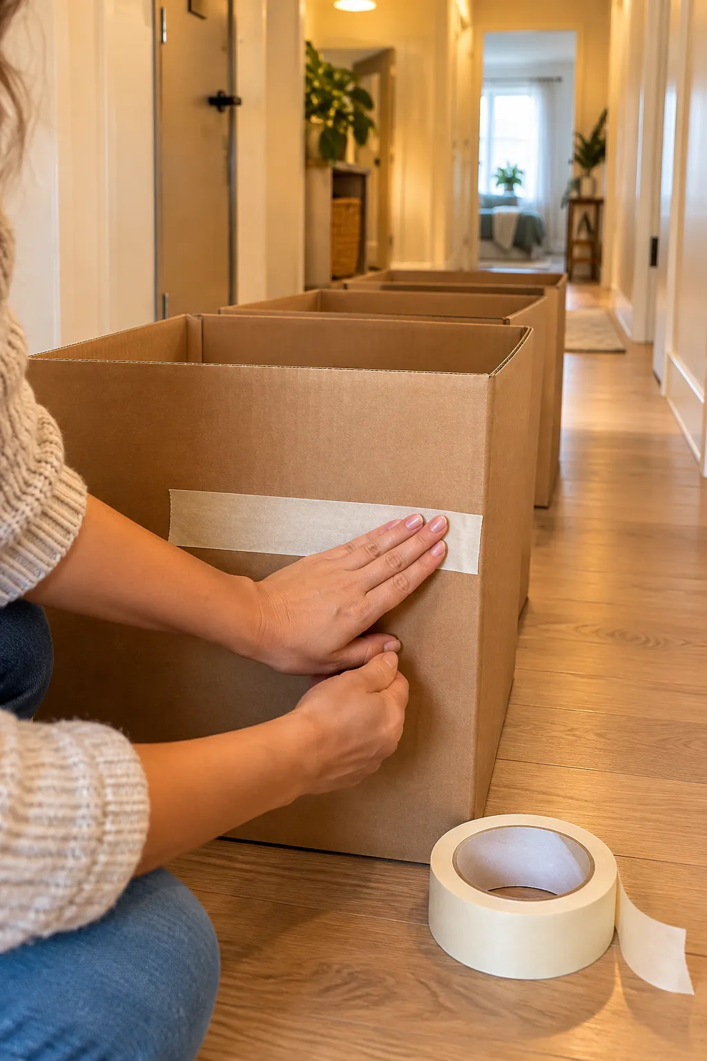 Hand pressing masking tape onto cardboard sorting boxes lined up in an apartment hallway