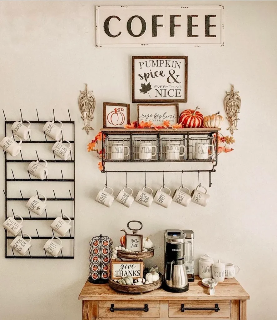 The mug rack, the shelf with the hanging hooks, and every sign up there are screwed in