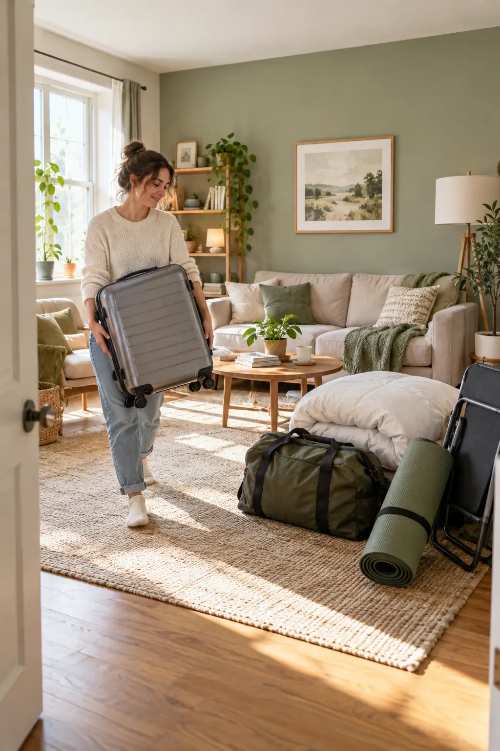 Woman carrying a gray suitcase to a pile of bulky items on an apartment living room floor