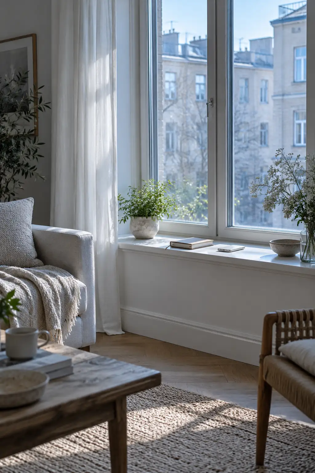 Bright apartment window with sheer curtains and a notebook and phone resting on the windowsill