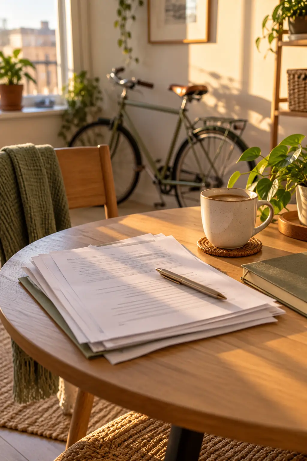 Lease papers, pen and coffee mug on a round table with a bike in the background