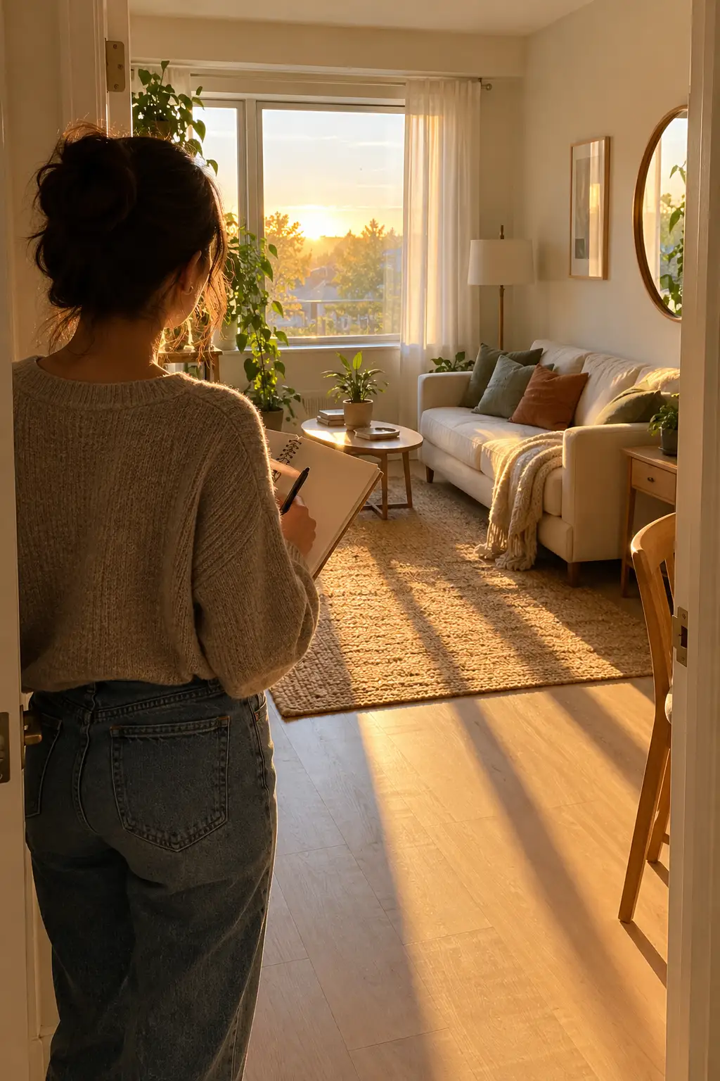 Woman standing in a doorway with a notebook watching golden evening light across a small living room
