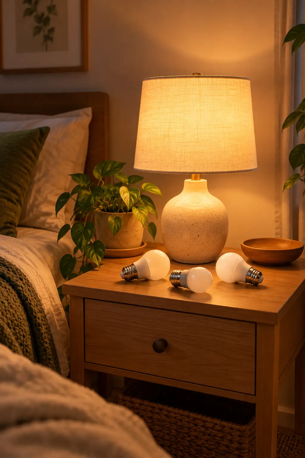 Three light bulbs on a wooden nightstand beside a lit table lamp with a warm glow