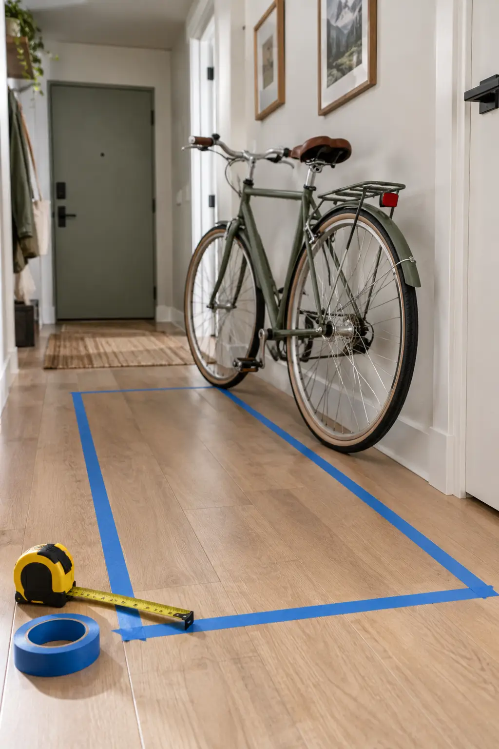 Tape measure and blue painter tape outlining a bike storage spot in an apartment hallway