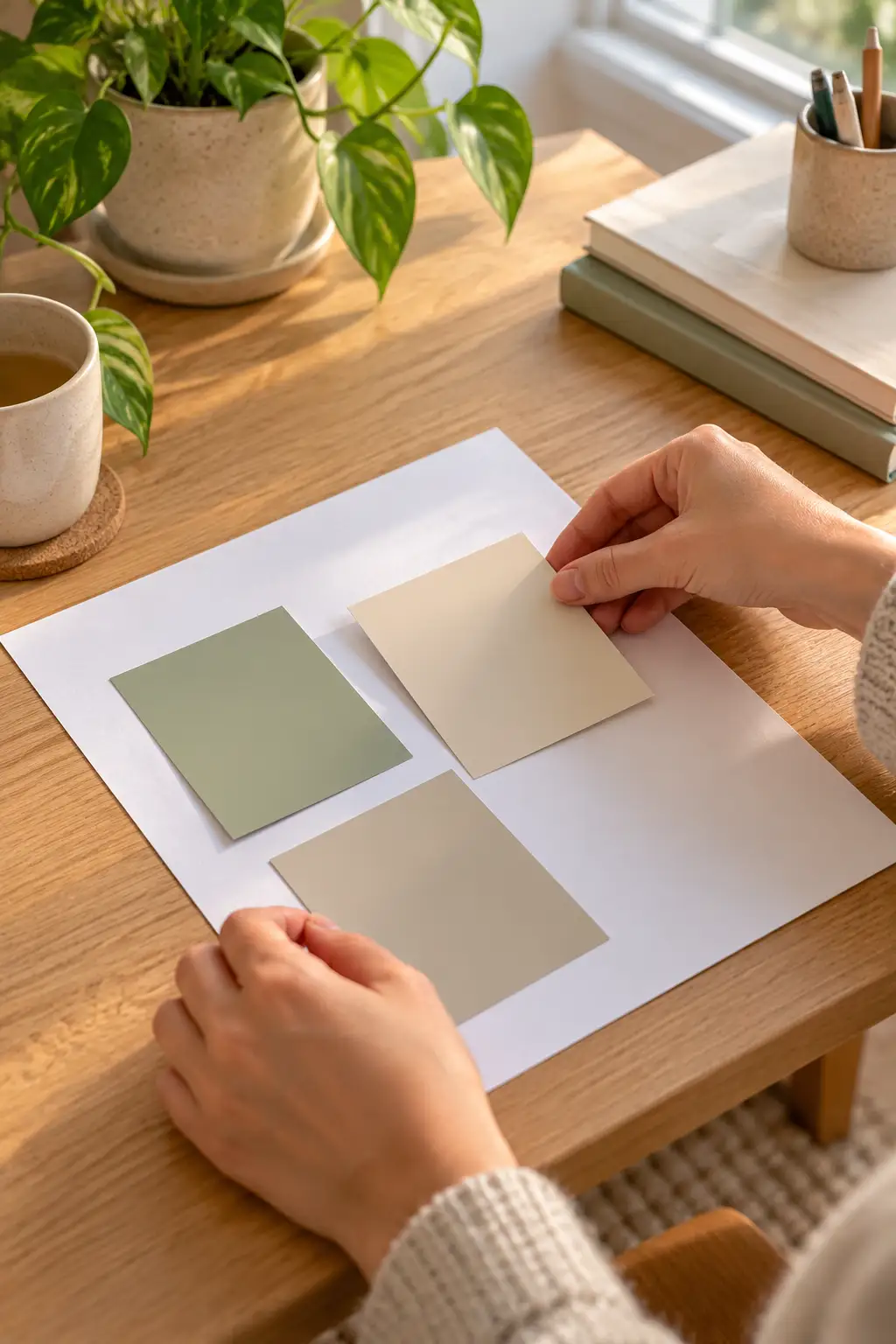 Hands placing a beige paint chip on white paper beside two other paint chips on an oak desk
