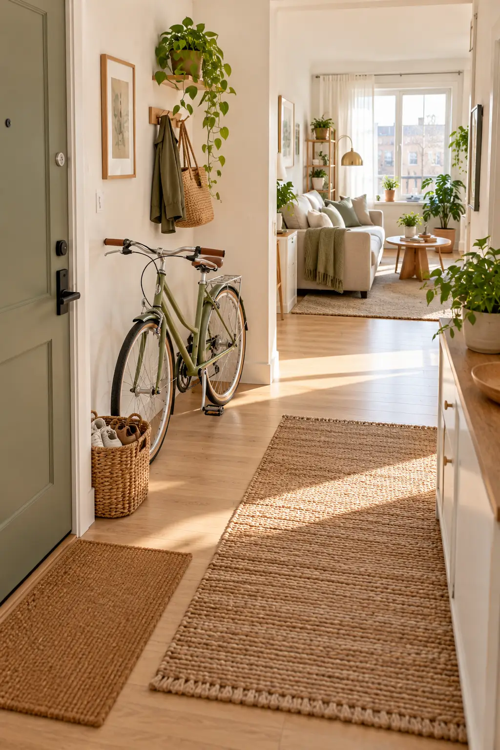 Sage green bike stored beside the front door in a small bright apartment entryway