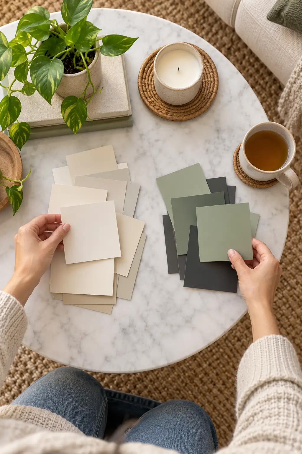 Two hands sorting paint chip cards into piles on a white marble coffee table