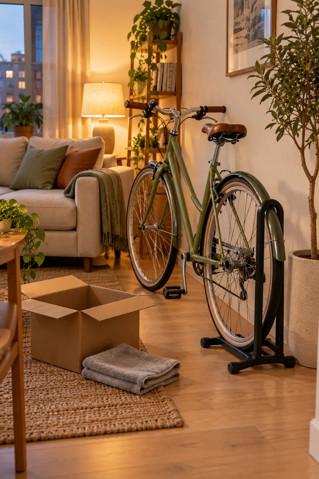 Bike held upright in a freestanding no-drill bike stand in a cozy living room corner