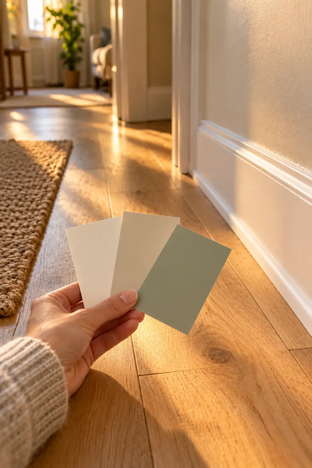 Hand holding three paint chips against honey wood floors and a white baseboard