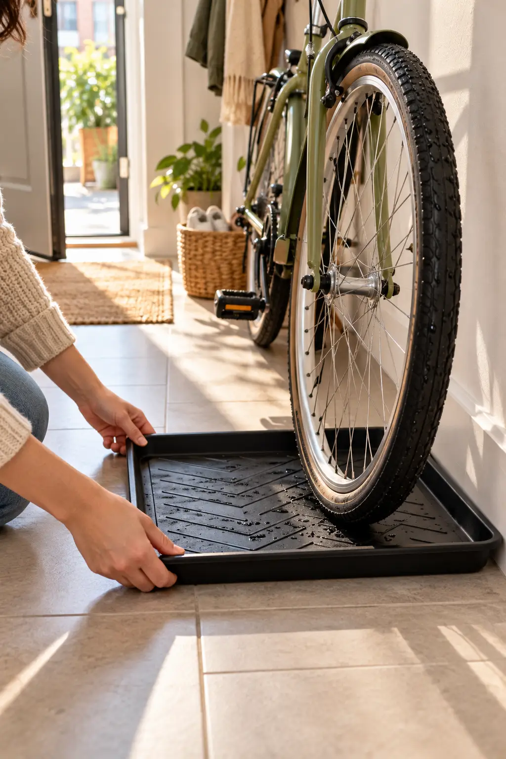 Hands sliding a rubber boot tray under a bike tire in an apartment entryway
