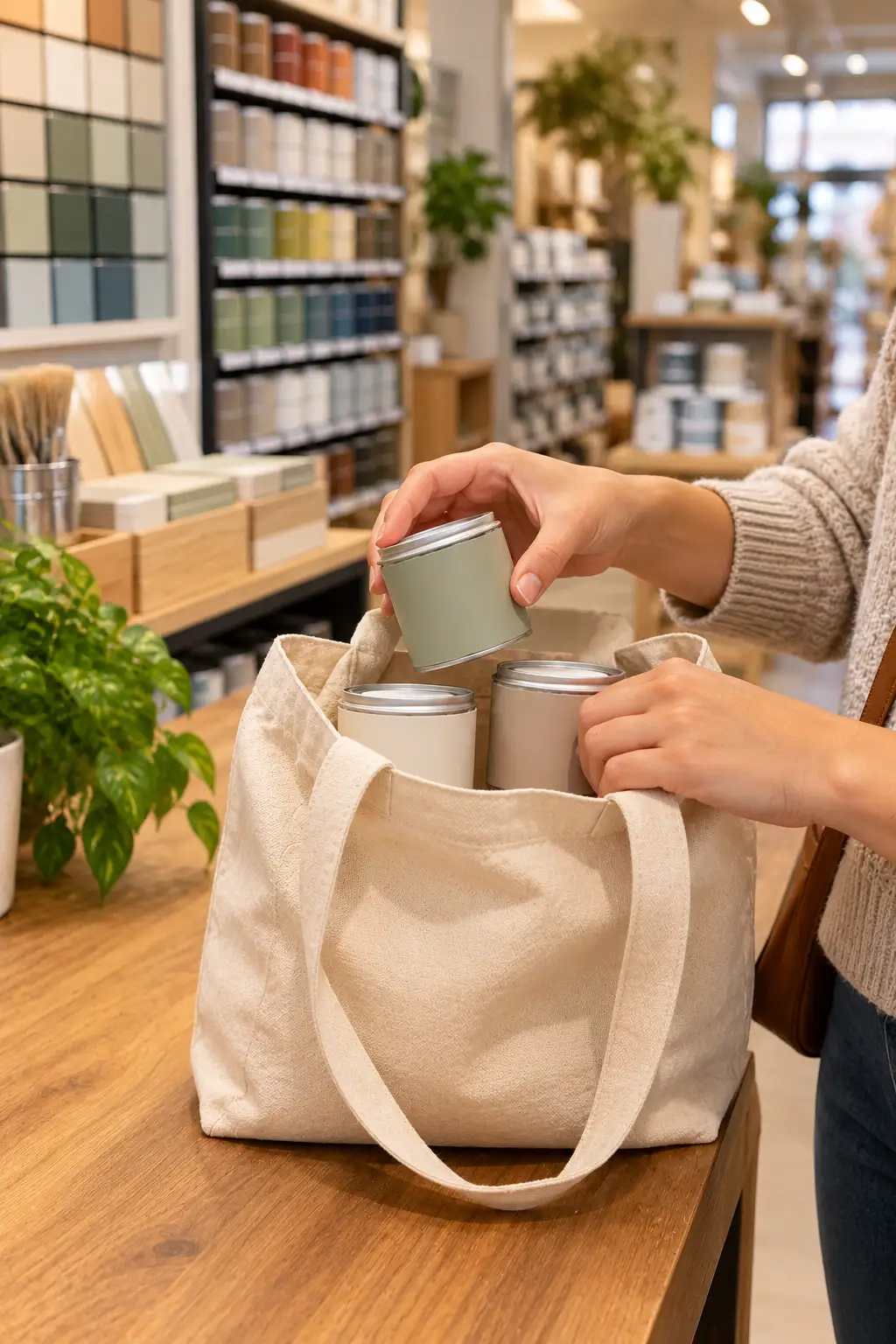 Hands placing three sample paint pots into a canvas tote bag in a paint store