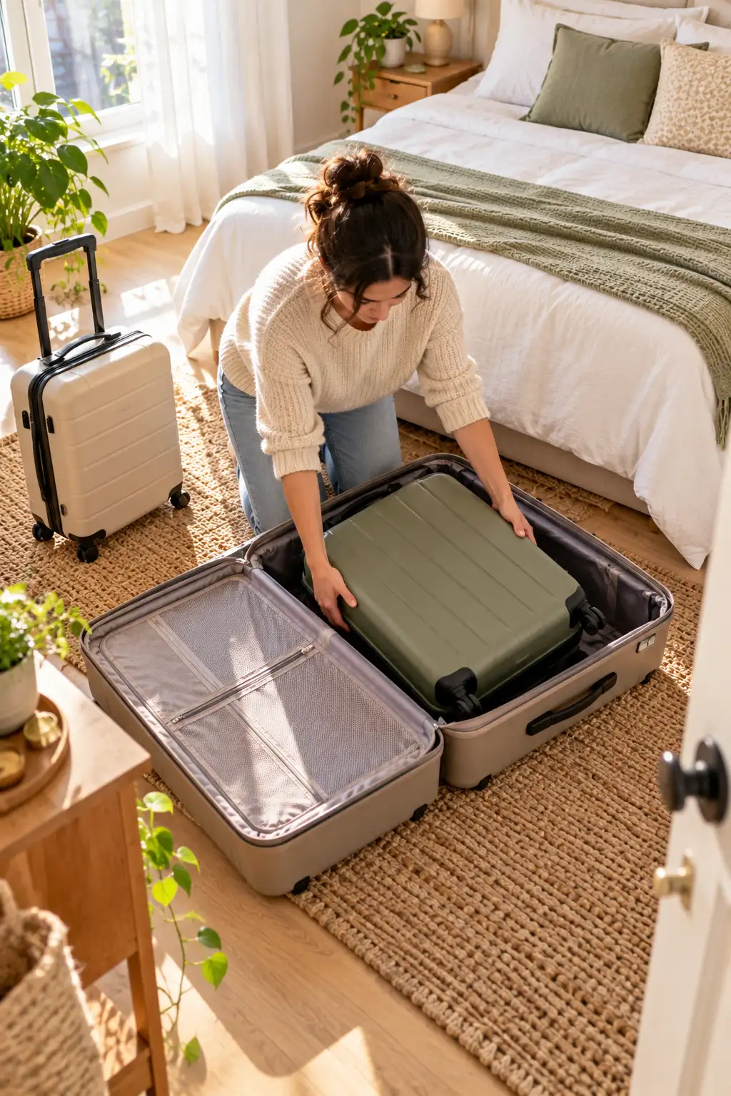 Woman nesting a sage green suitcase inside a larger suitcase on a bedroom rug