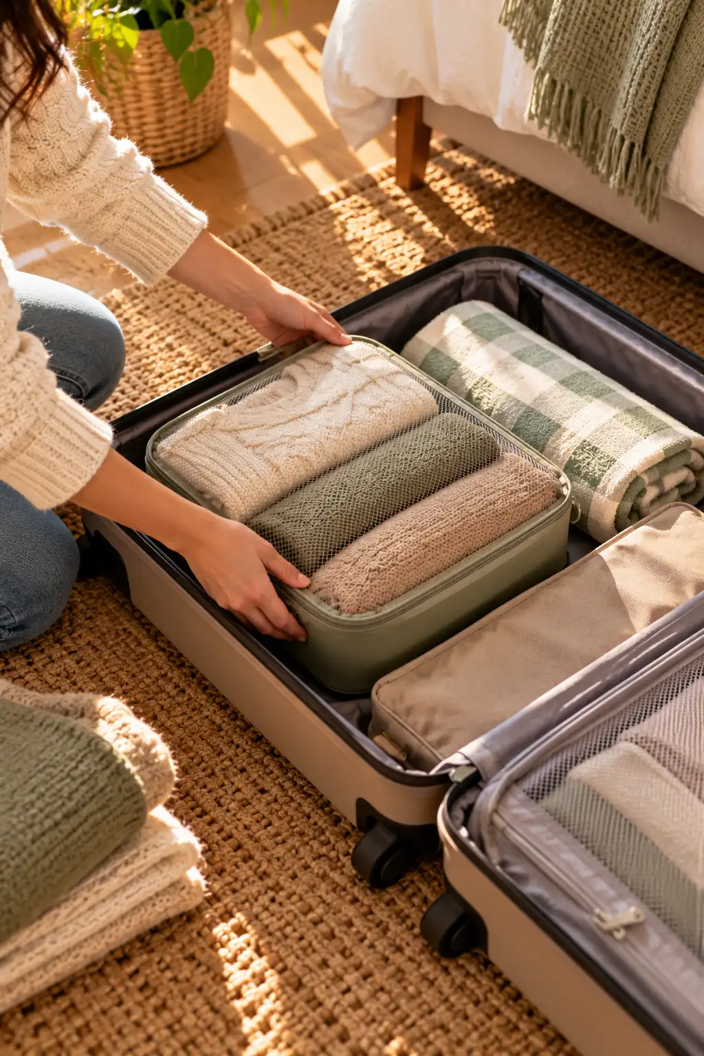 Packing cube of folded sweaters placed inside an open suitcase for off-season storage