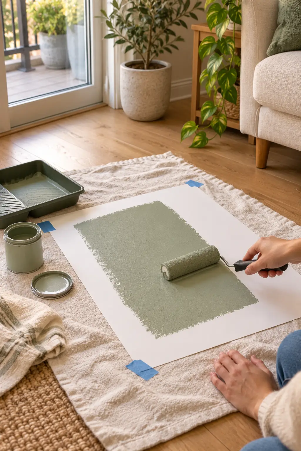 Hand rolling sage green paint onto a poster board taped to a cotton towel on the floor