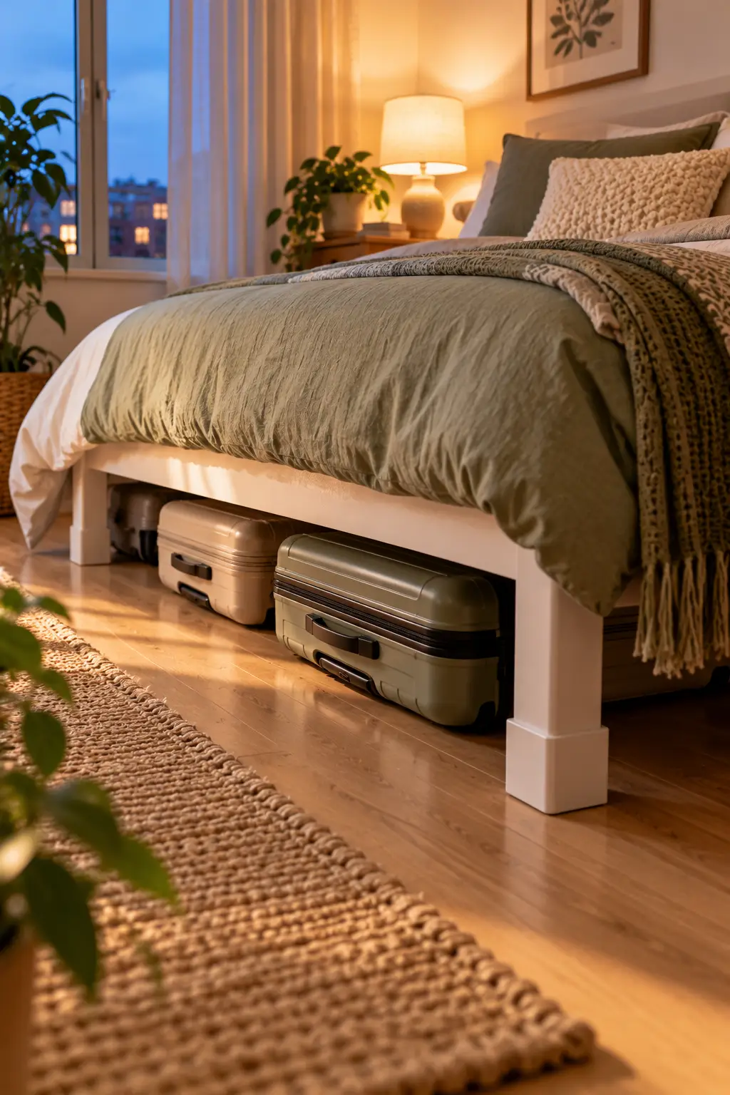 Suitcases stored under a bed raised on white bed risers in a small bedroom