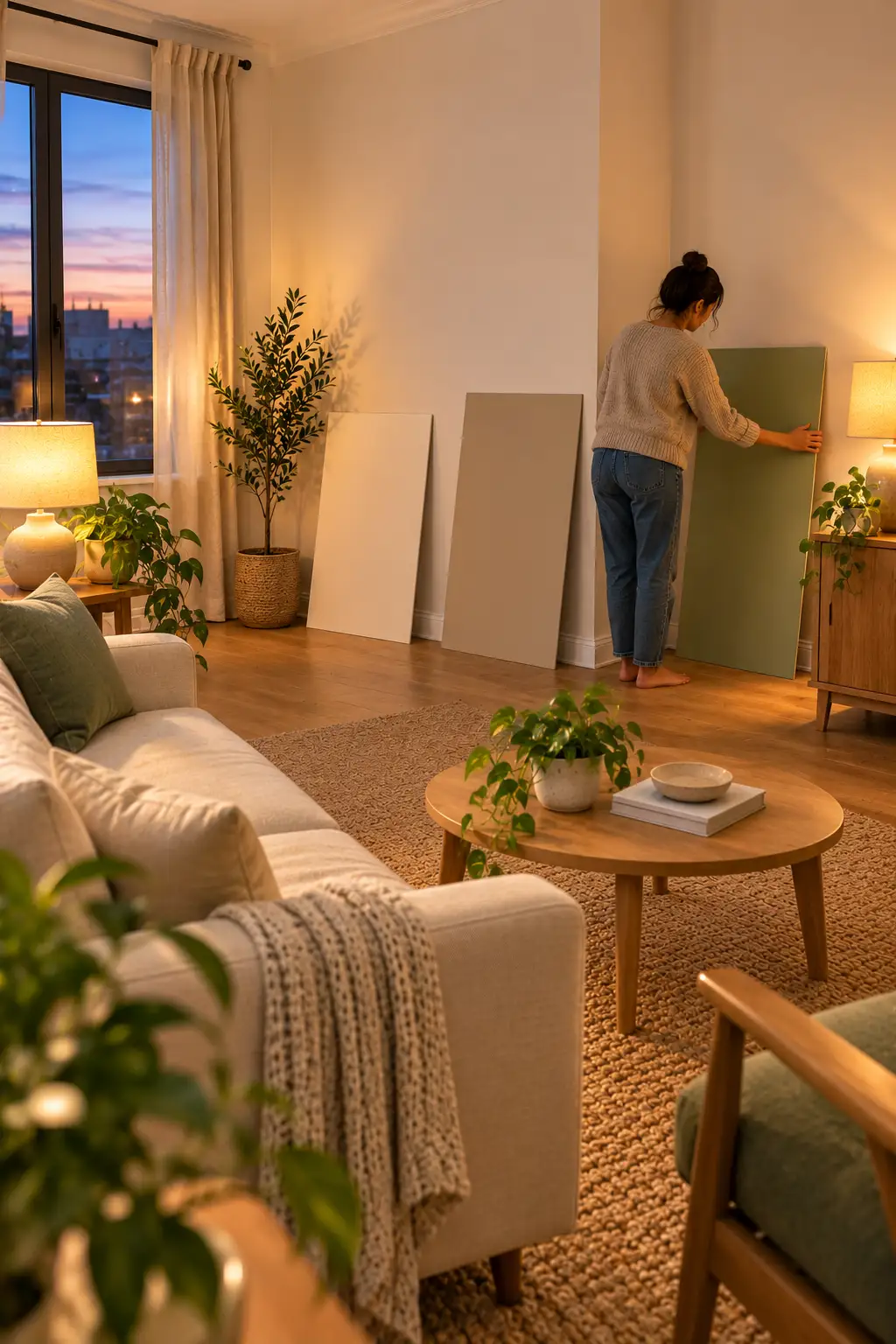 Woman leaning three painted sample boards against off-white walls in a living room at dusk