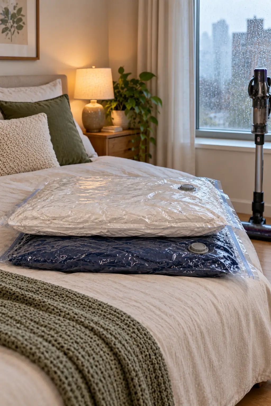 Vacuum-compressed bags of bedding stacked on a bed with a cordless vacuum nearby
