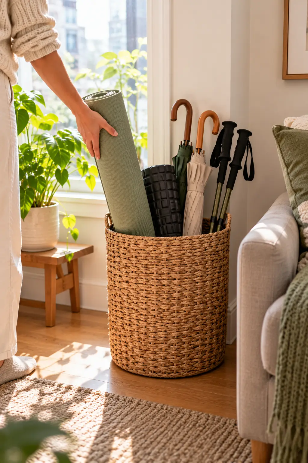 Yoga mat being placed into a tall woven corner basket with umbrellas and hiking poles