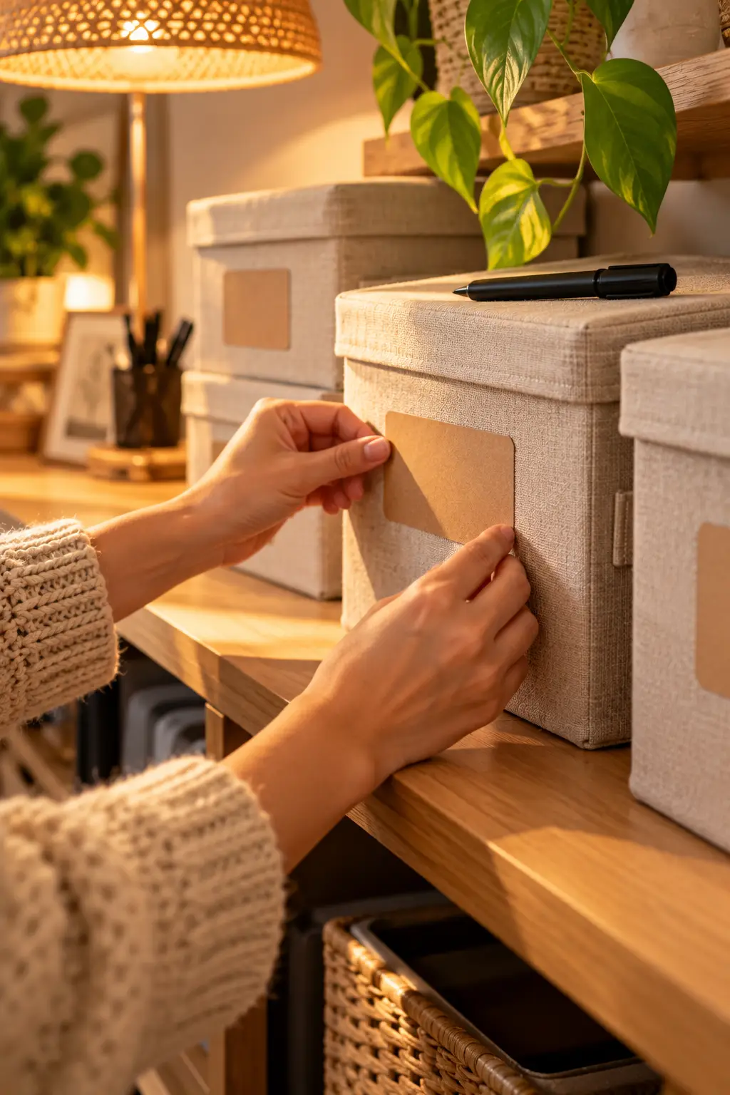 Hands applying a blank kraft label to a canvas storage bin