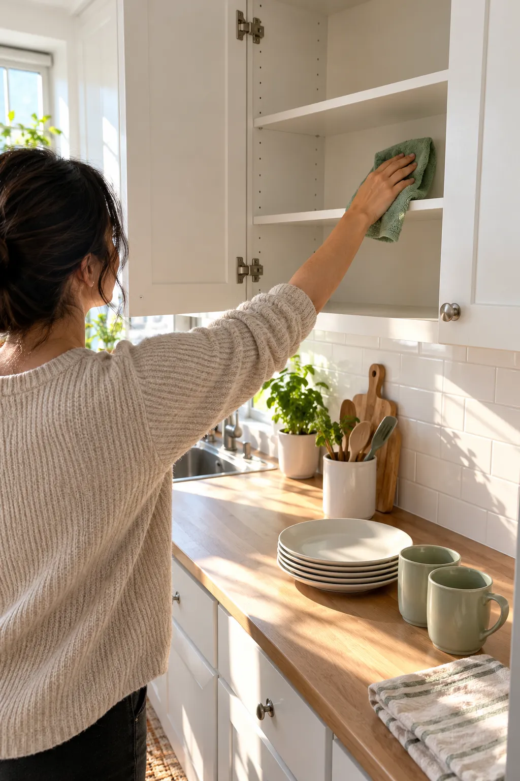 Woman wiping an empty kitchen cabinet shelf with a sage green cloth, plates and mugs waiting on the counter